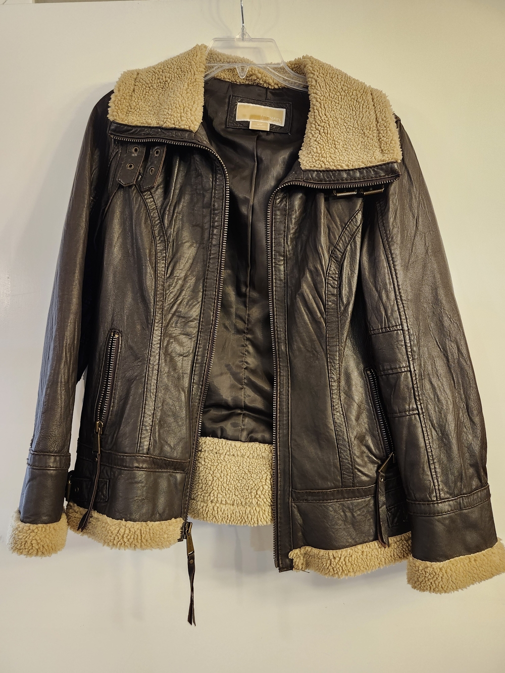 Womens Michael Kohrs Brown Leather Shearling-Trim Jacket